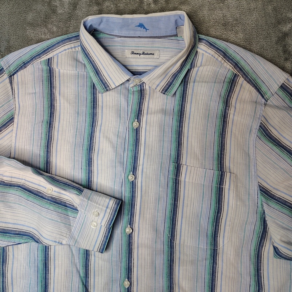 Tommy Bahama Corsica Stripe Linen Shirt Men XL Blue Teal Button Down Long Sleeve